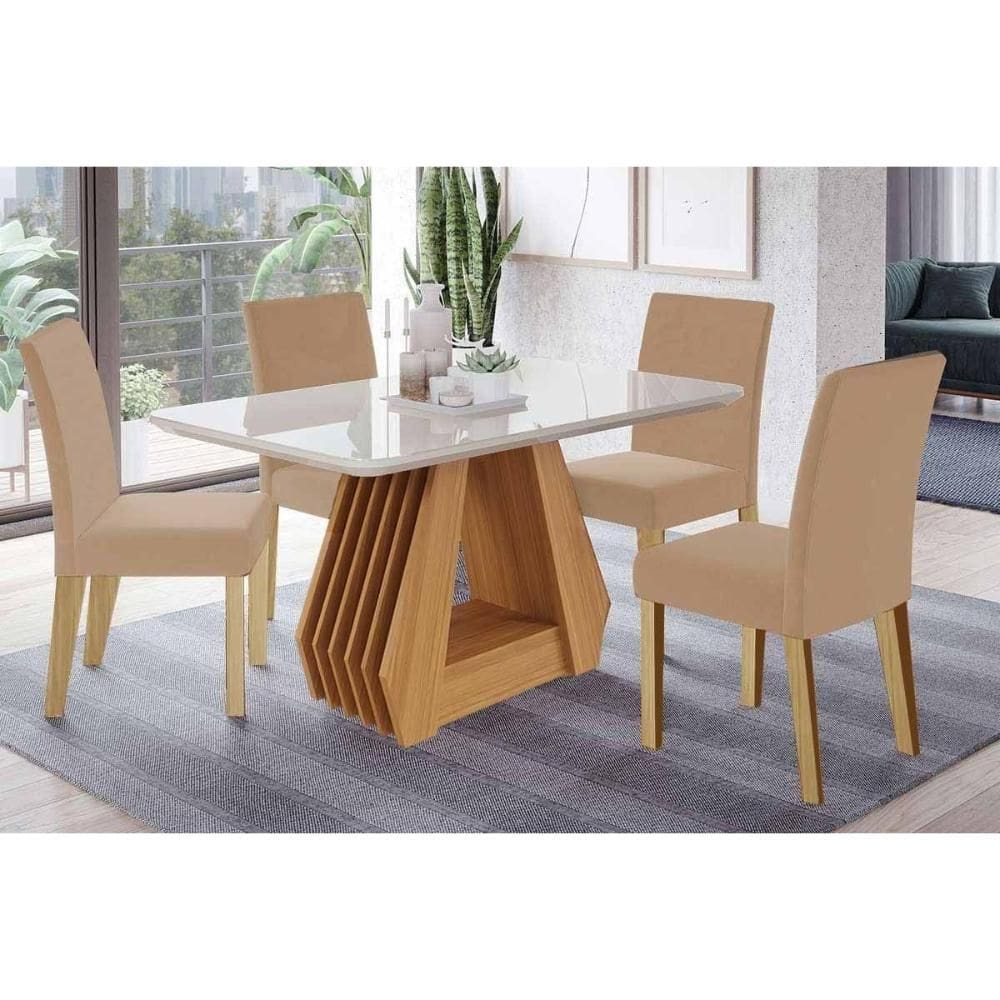 Conjunto: Mesa de Cozinha Ágata Tampo Madeirado c/ Vidro 130x80cm e 4 Cadeiras Maia Cinamomo/Off White - Suede Gengibre Bege - Cimol