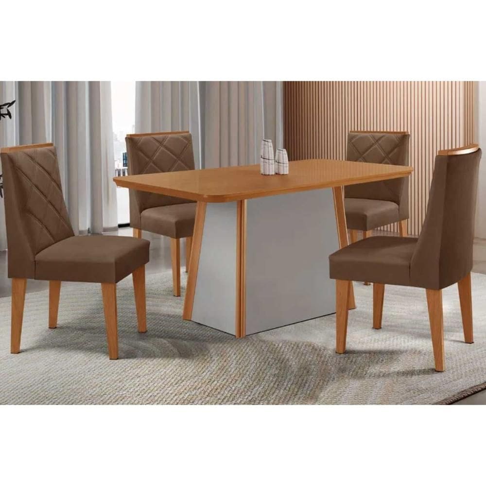 Conjunto: Mesa de Cozinha Tilia c/ Tampo Madeirado Canto Curvo 120x80cm e 4 Cadeiras Pietá Naturale/Off White - Suede Marrom - Rufato