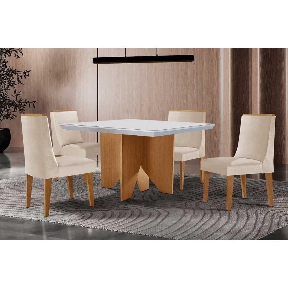 Conjunto: Mesa de Cozinha Nevada c/ Tampo Madeirado c/ Vidro Canto Curvo 90x90cm e 4 Cadeiras Dakota Naturale/Off White - Suede Creme - Rufato