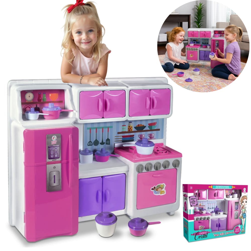 Mini Cozinha Infantil De Brinquedo Fogão Geladeira e Armário Completa Menina Cristal Lua De Cristal