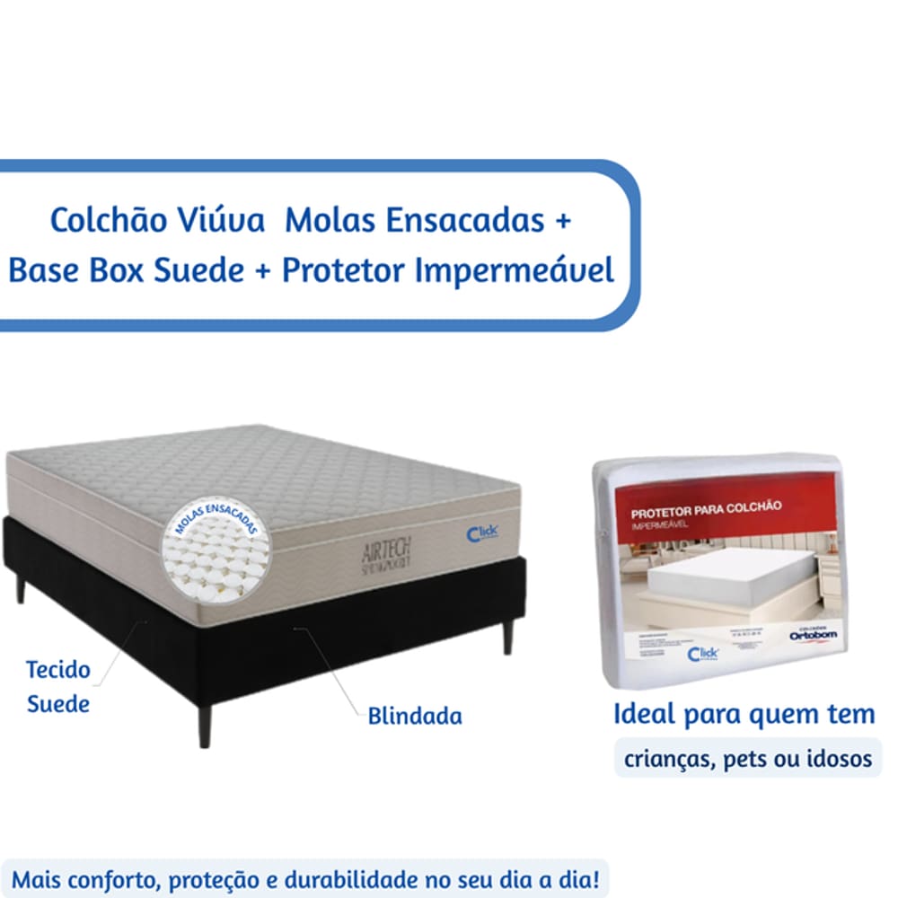 Kit Colchão Ortobom Viúva + Base Box Suede Blindada 128x188 e Protetor Impermeável