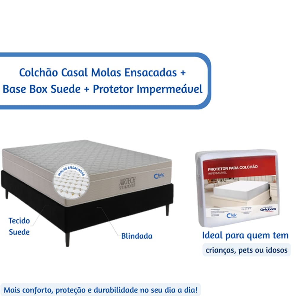 Kit Colchão Ortobom Molas Ensacadas + Base Box Blindada Tecido Suede 138x188 + Protetor Impermeável