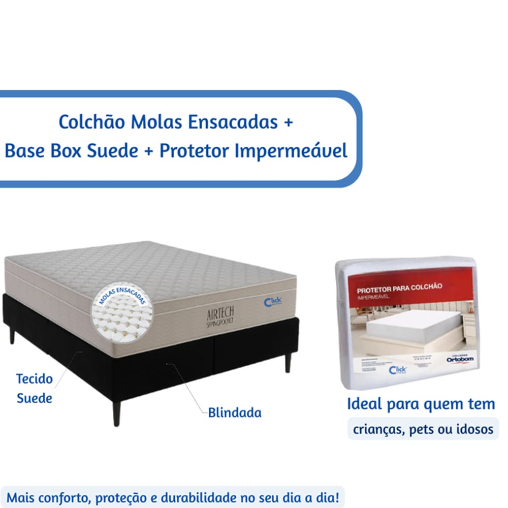 Kit Colchão Ortobom Queen Molas Ensacadas + Base Box Bipartida Blindada Tecido Suede + Protetor Queen Impermeável