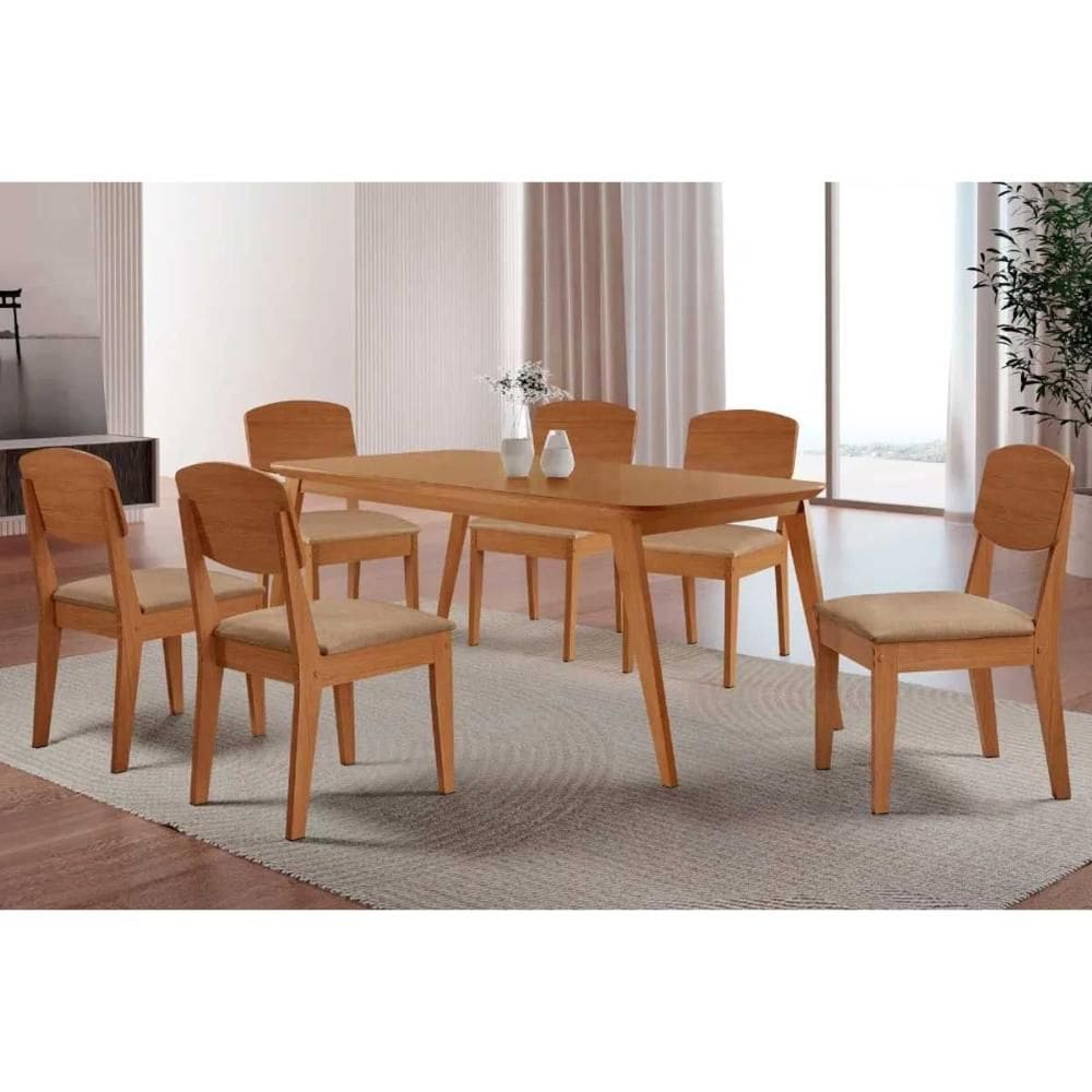 Conjunto: Mesa de Cozinha Havana c/ Tampo Madeirado Canto Curvo 180x90cm e 6 Cadeiras Havana Naturale - Linho Bege - Rufato