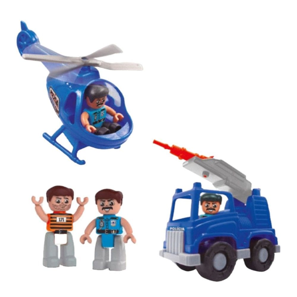 Bonecos Infantil Police Team  com Caminhão Lançador de Dardos Helicóptero Maral