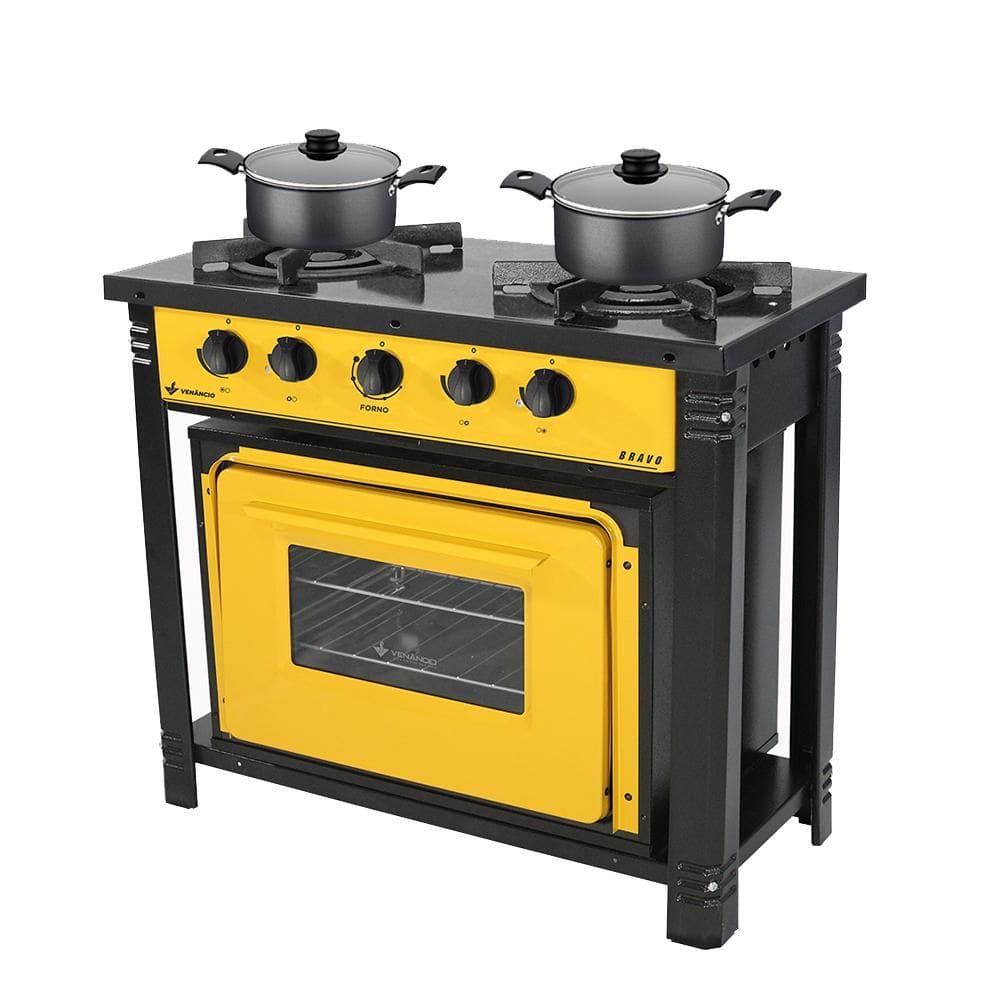 Fogão Industrial 2 Bocas com Forno Bravo Amarelo Venâncio + 2 Caçarolas Tramontina Turim