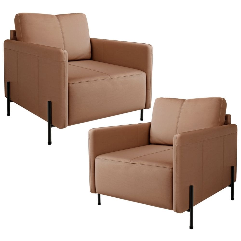 Kit 2 Poltronas Decorativa Para Sala Living Pés Industrial Domani L06 Couro Marrom - Lyam Decor