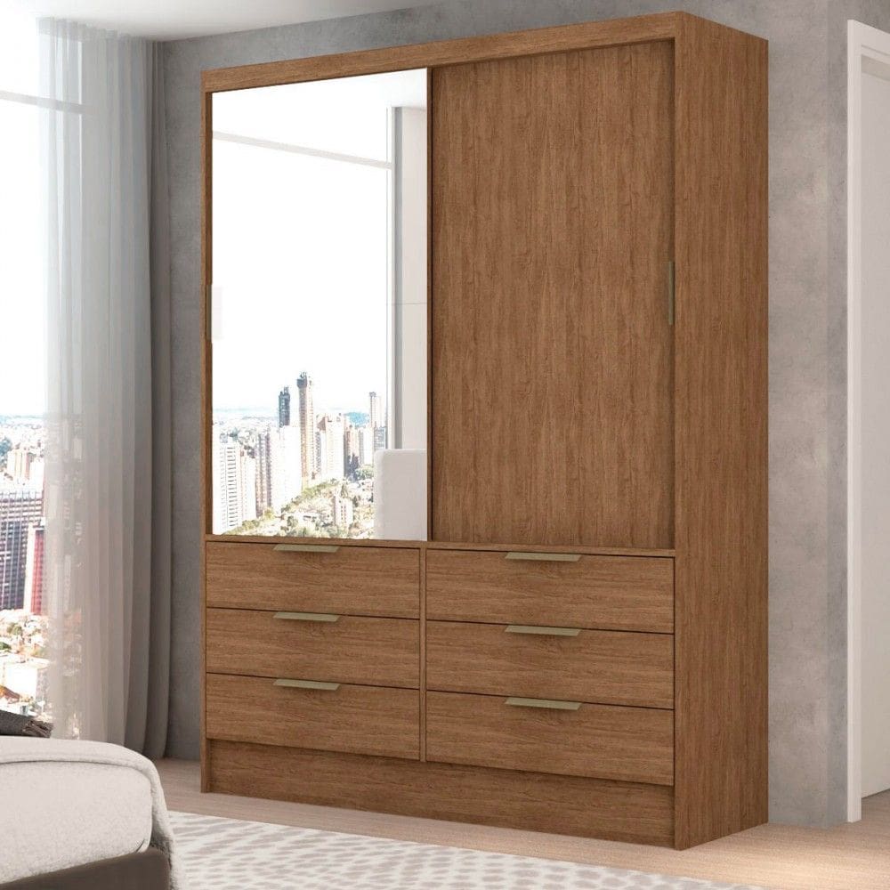 Guarda-Roupa Solteiro Taylor 2 Portas de Correr 6 Gavetas com Espelho Marrom - Pm