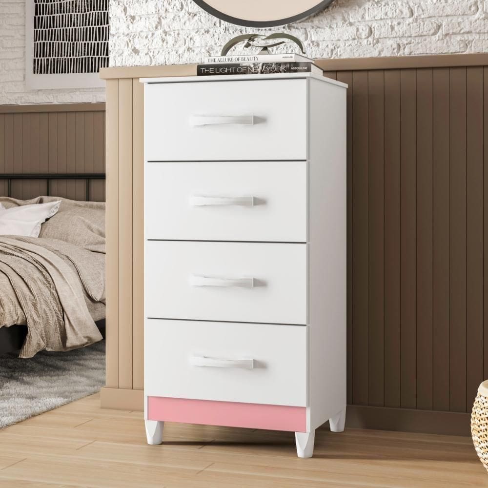Comoda 4 Gavetas Alasca Branco Rosa