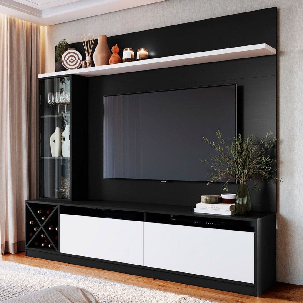 Rack com Painel para TV Até 50 Polegadas Coliseu 3 Portas Preto/Branco - Panorama Móveis