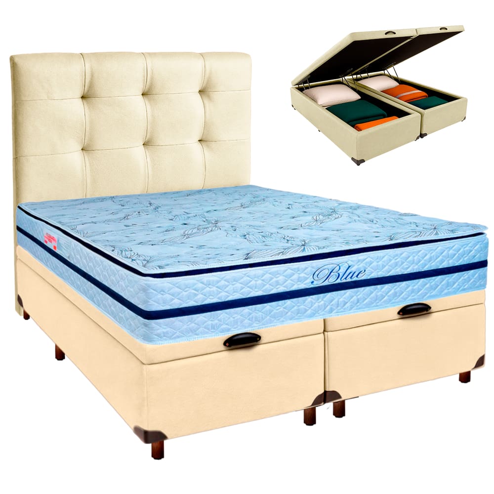 Cama + Bau Blindado e Colchão Molas Ensacadas Queen - Blue Paropas + Cabeceira