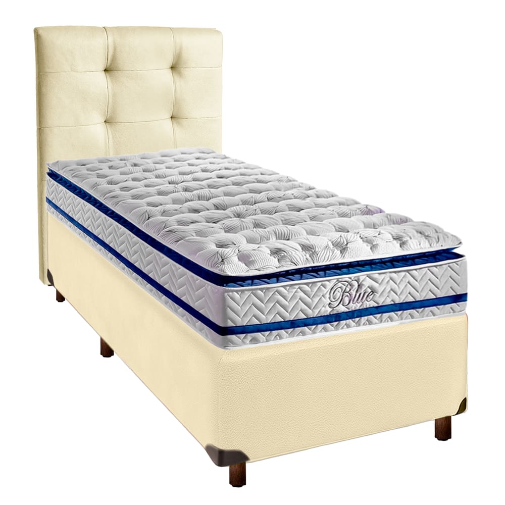 Cama + Box Bege e Colchão Molas Ensacadas Solteiro - Blue Paropas + Cabeceira