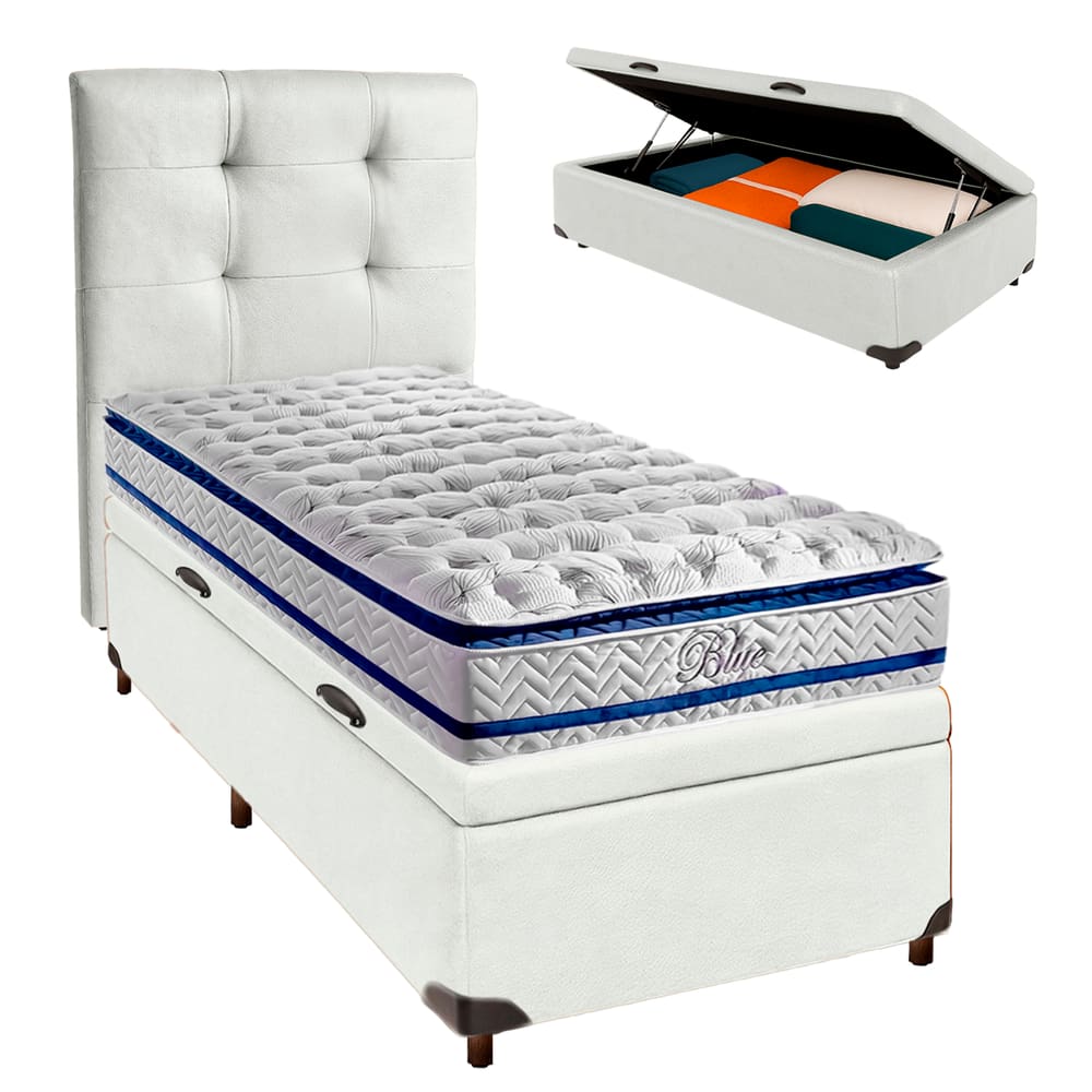 Cama Box Bau + Colchão Solteiro Molas Ensacadas Blue Paropas + Cabeceira Estofada