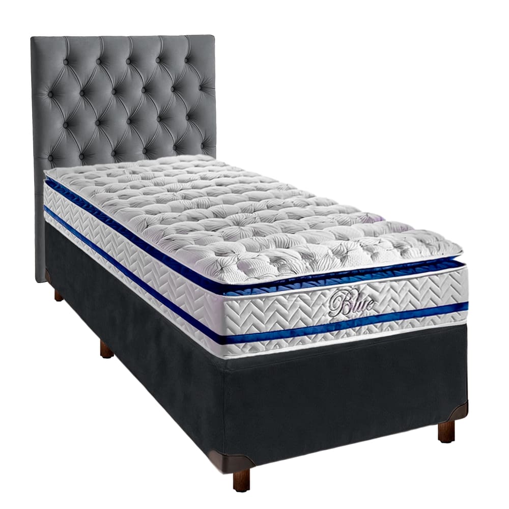 Cama + Box Cinza e Colchão Molas Ensacadas Solteiro - Blue Paropas + Cabeceira