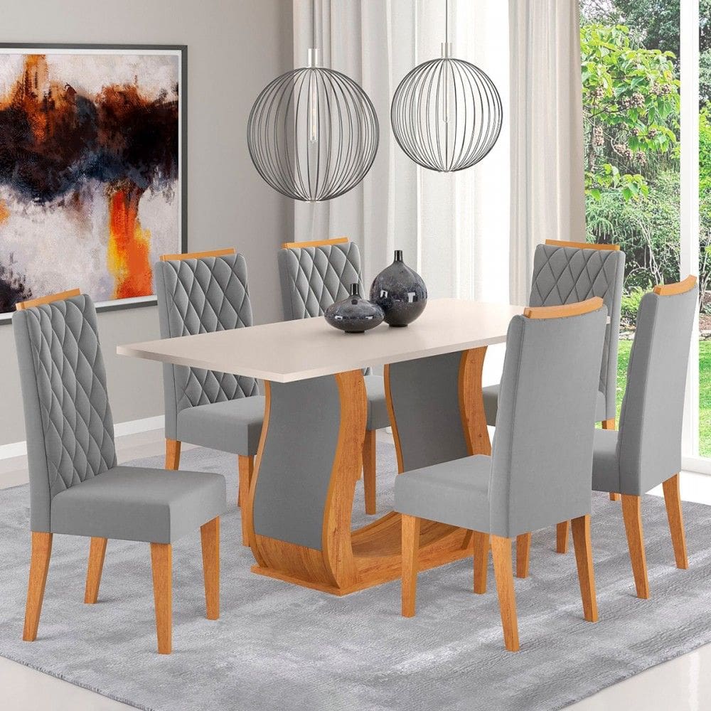 Mesa de Jantar 6 Lugares Dallas Marrom/Blonde/Veludo Cinza - Panorama Móveis