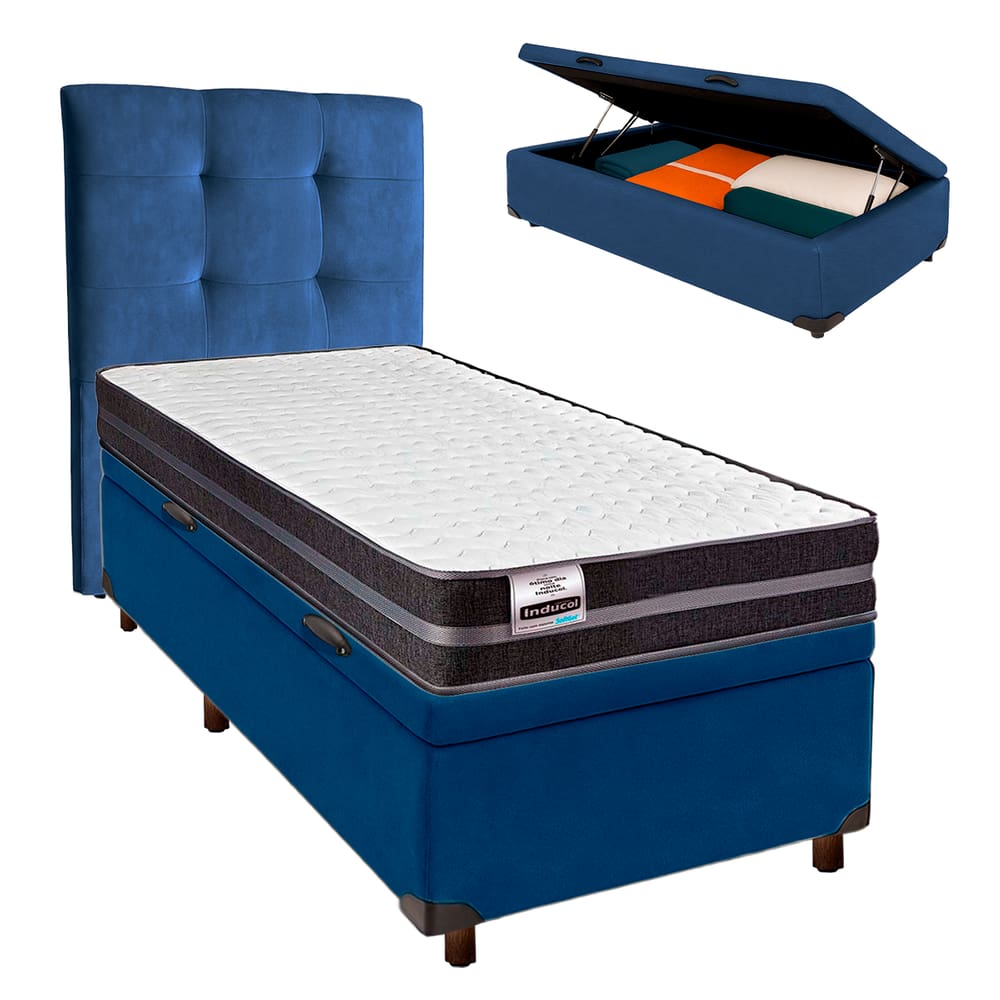 Cama Box Bau + Colchão Solteiro Molas Ultralastic Bogota Inducol + Cabeceira Estofada