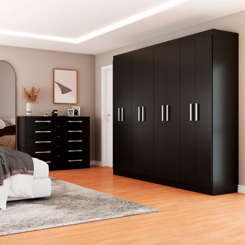 Guarda-Roupa Casal 8 Portas e Cômoda 10 Gavetas Preto - Pm