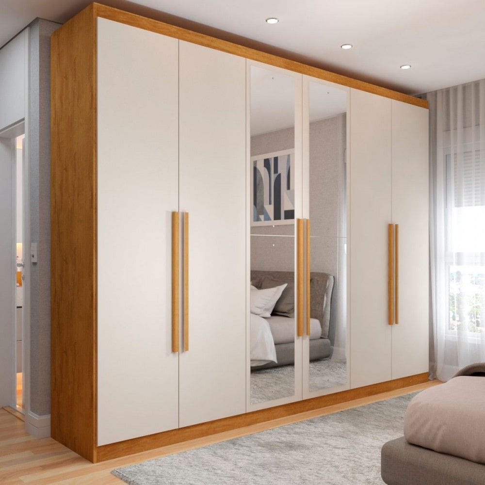 Guarda-Roupa Casal Madalena 6 Portas 4 Gavetas 100% Mdf com Espelho Peroba/Off White - Pm