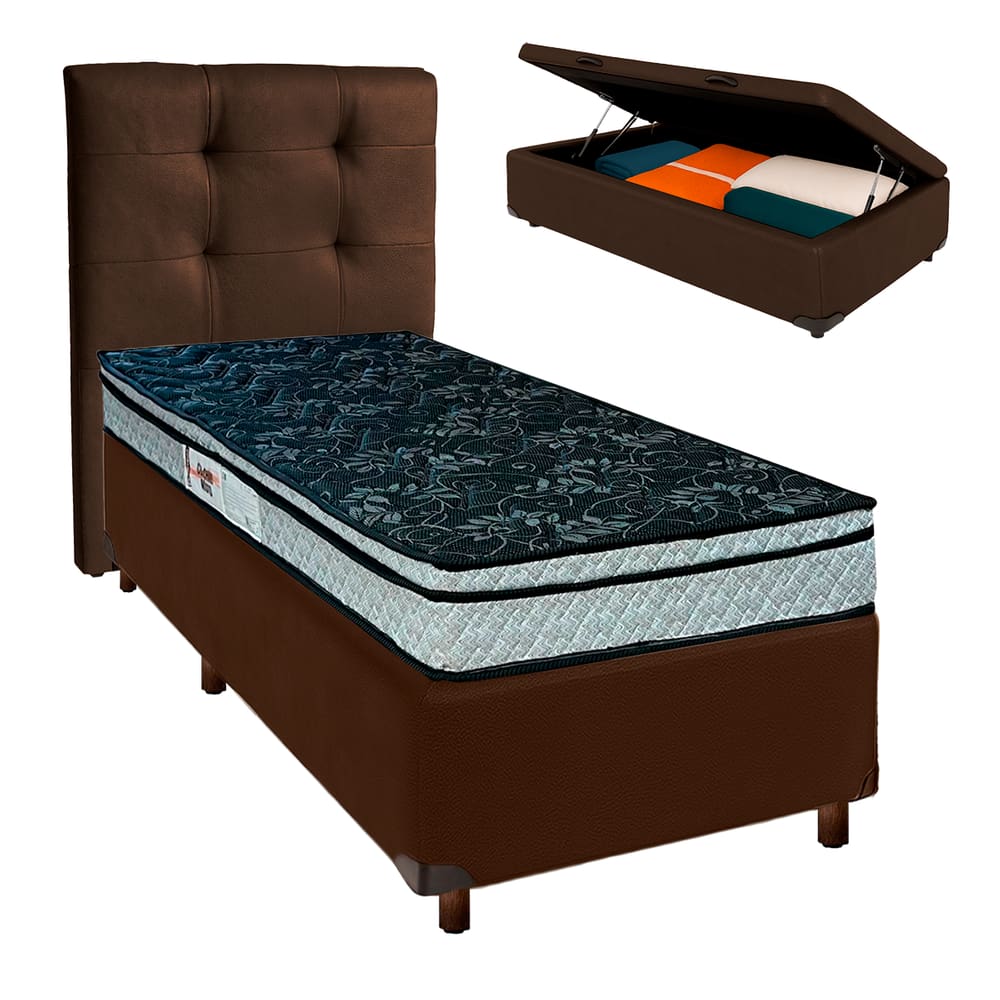 Kit Cabeceira + Cama Box Bau + Colchão Solteiro D28 Conforto Paropas