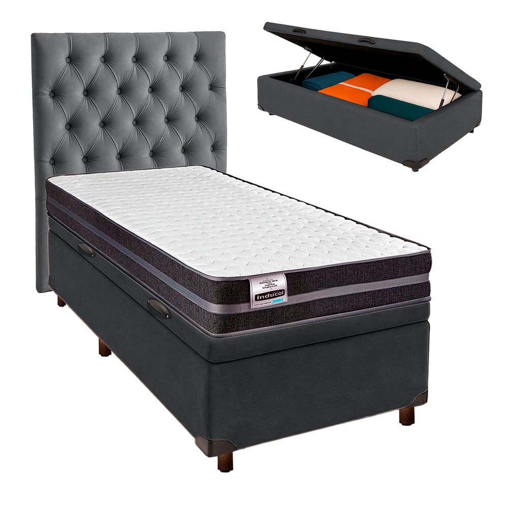Kit Cama Box Bau + Cabeceira + Colchão Solteiro Molas Ultralastic - Bogota - Inducol