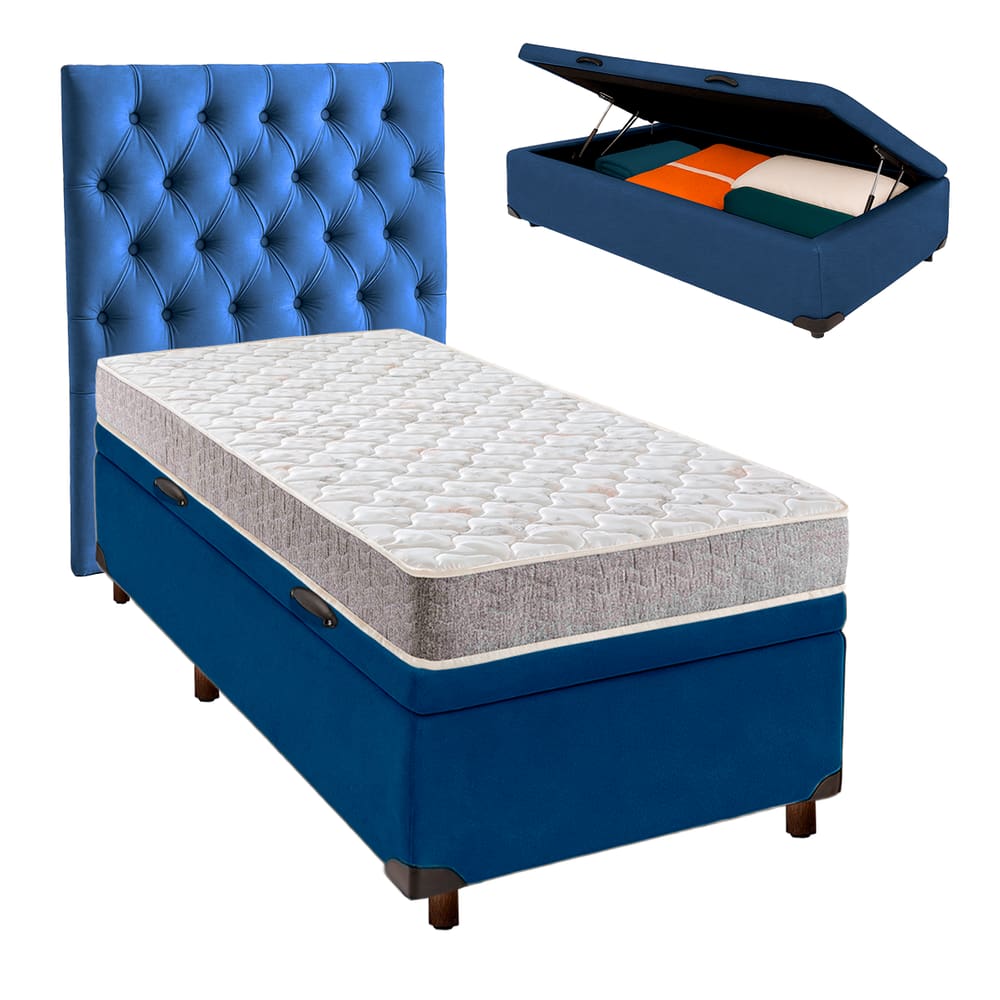 Conjunto Cama Box Bau Azul Solteiro + Colchão D23 D23 Inducol + Cabeceira