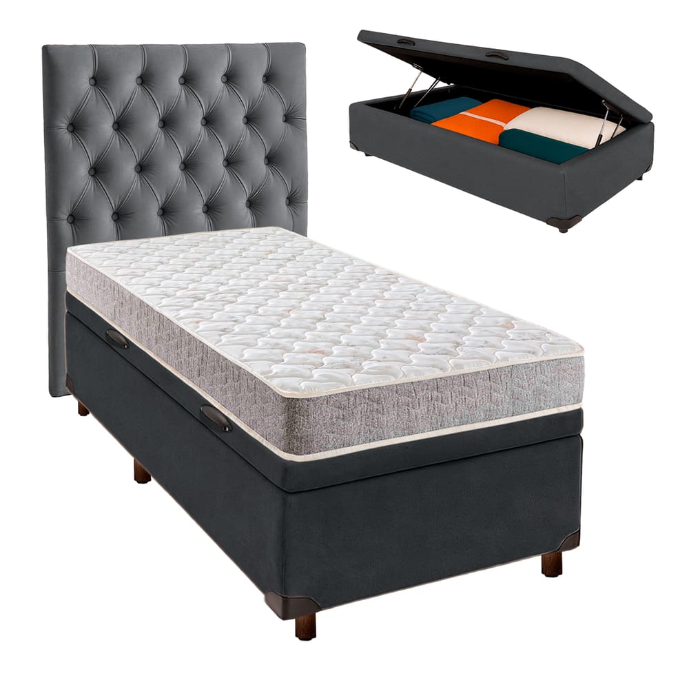 Cama Box Bau + Colchão Solteiro D23 D23 Inducol + Cabeceira Estofada