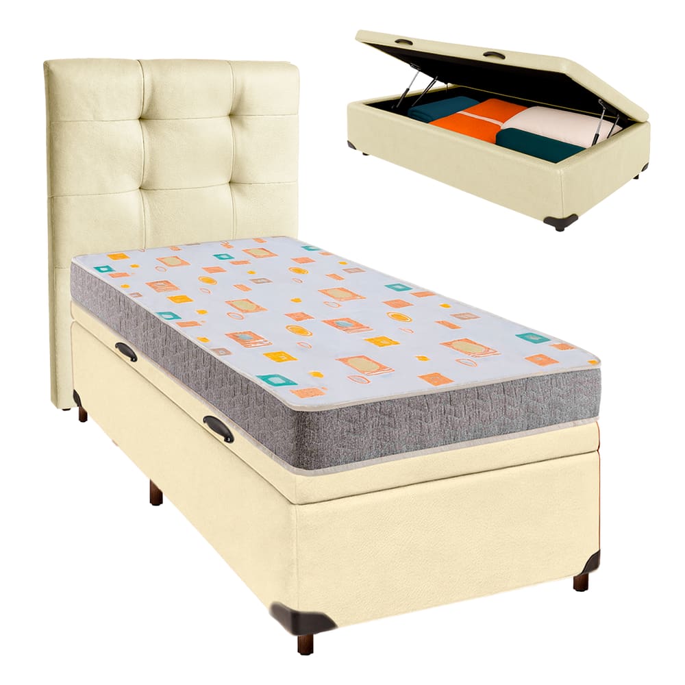 Conjunto Cama Box Bau Bege Solteiro + Colchão D20 D20 Inducol + Cabeceira