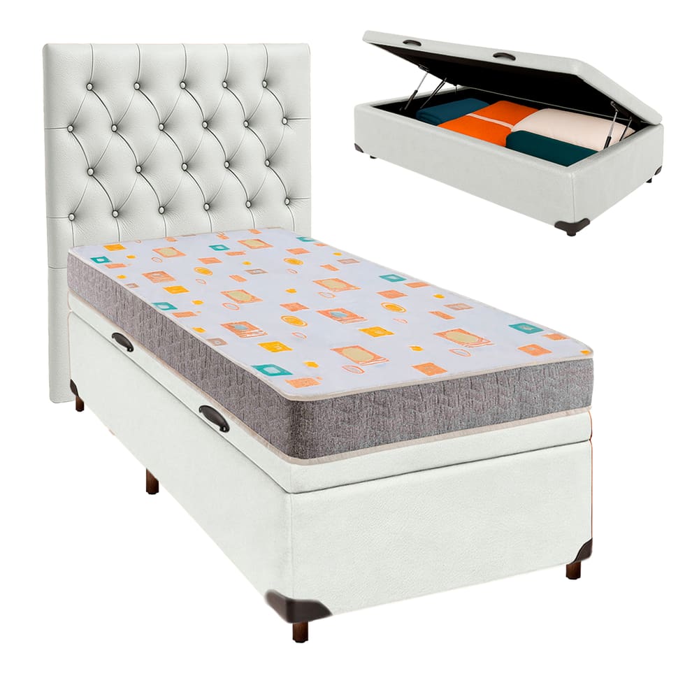 Cama Box Bau + Colchão Solteiro D20 D20 Inducol + Cabeceira Estofada