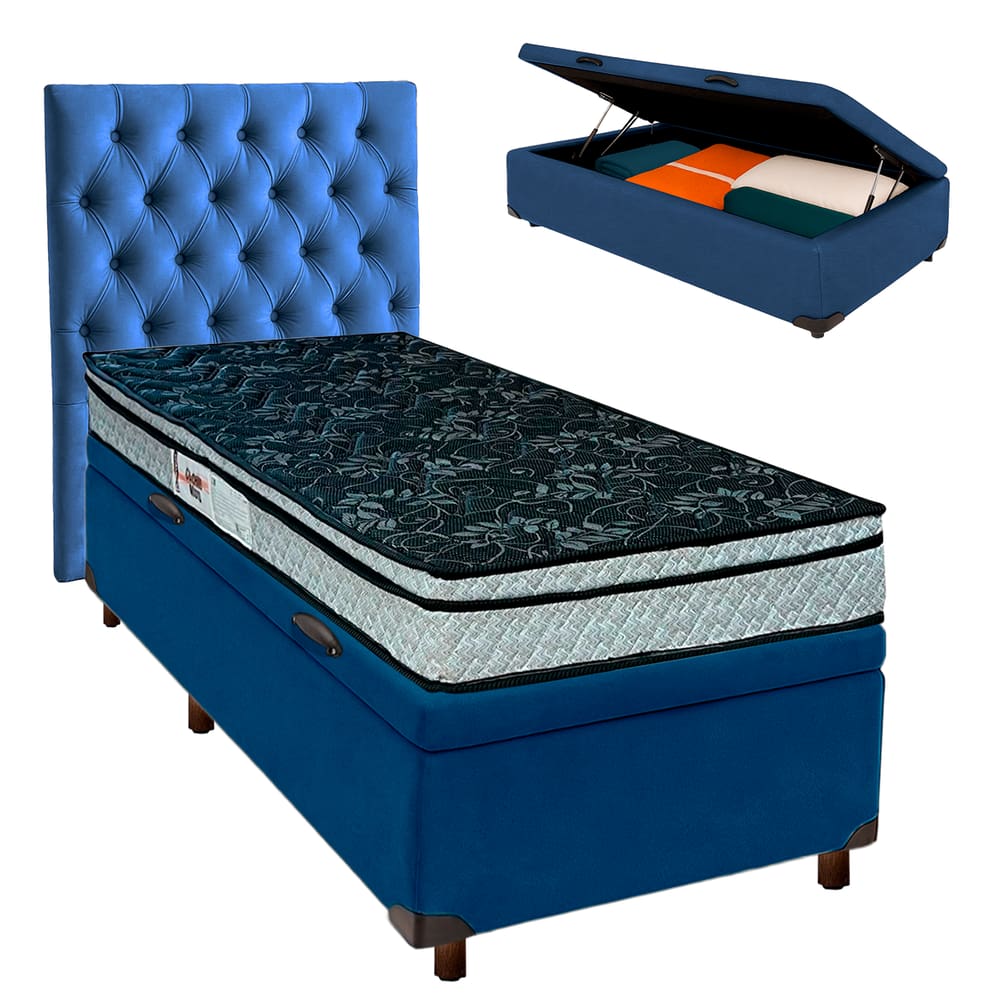 Kit Cabeceira + Cama Box Bau + Colchão Solteiro D28 Conforto Paropas