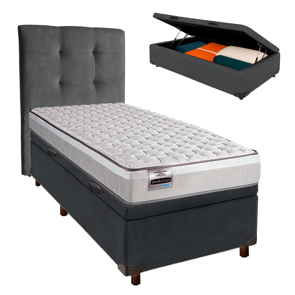 Cama Box Bau + Colchão Solteiro Molas Ensacadas Hanover Inducol + Cabeceira Estofada