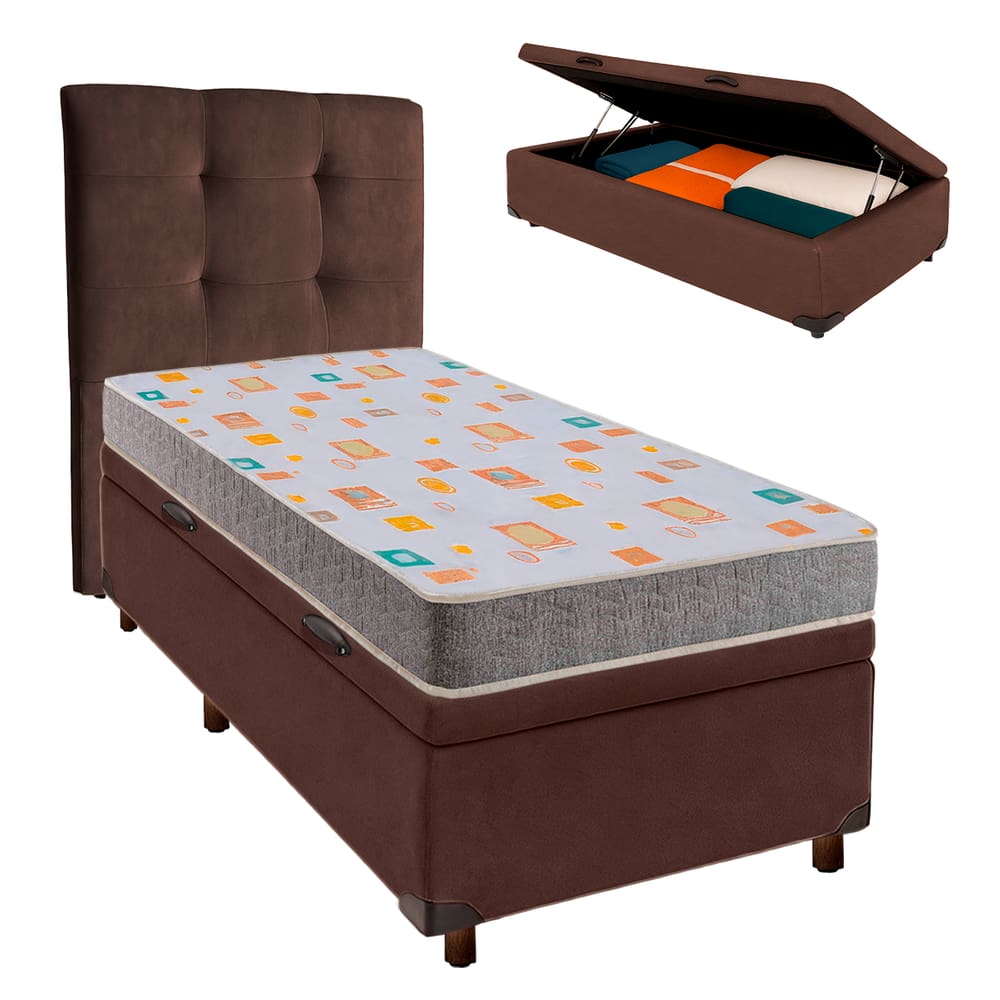 Cama Box Bau + Colchão Solteiro D20 D20 Inducol + Cabeceira Estofada
