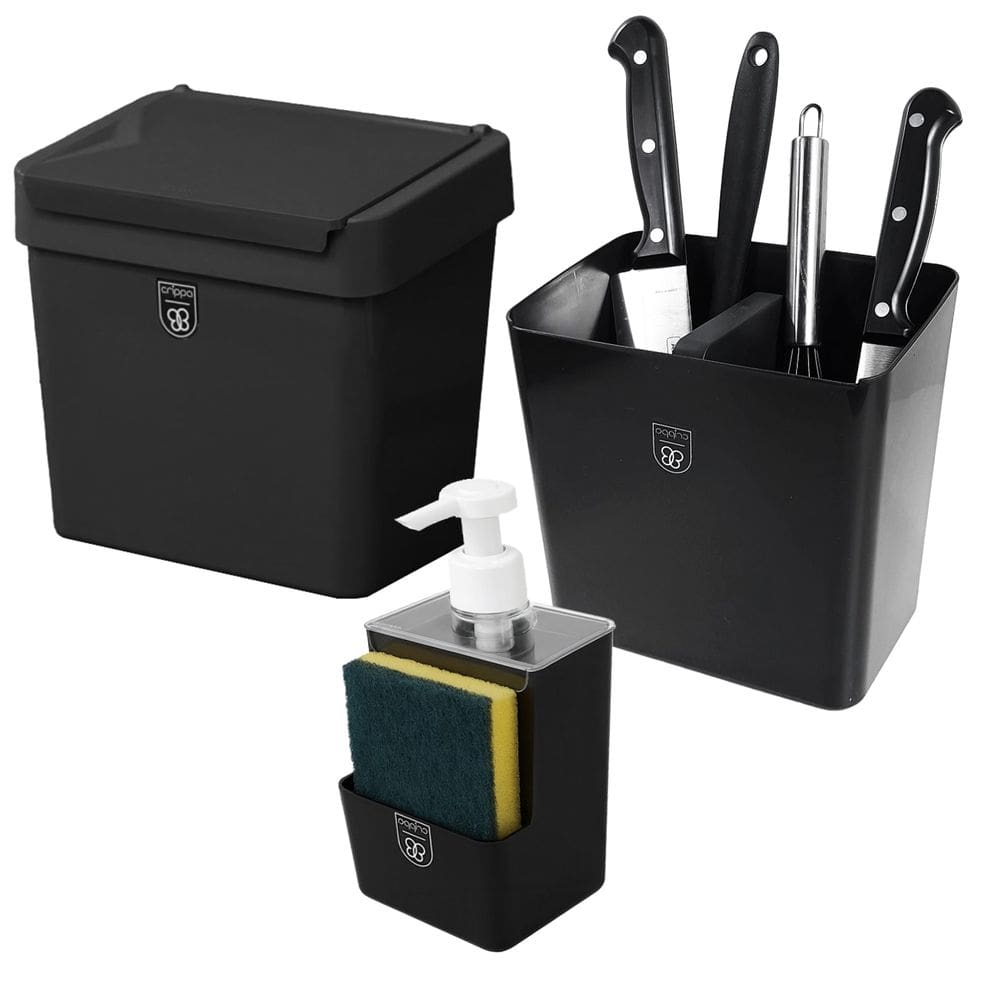 Kit 3 Pç Dispenser Sabonete Líquido + Escorredor Talher + Lixeira 2,5L Cozinha Preto - Pop Crippa