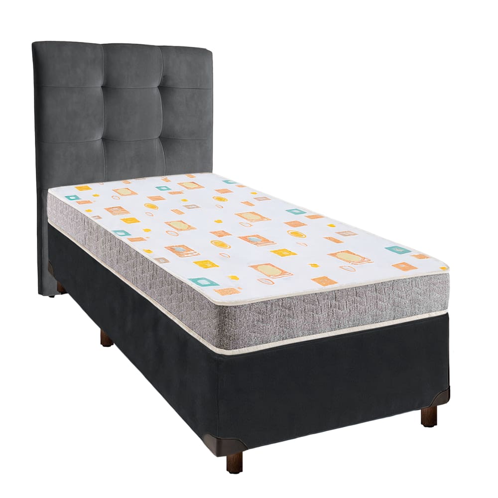 Cama + Box Cinza e Colchão D20 Solteiro - D20 Inducol + Cabeceira