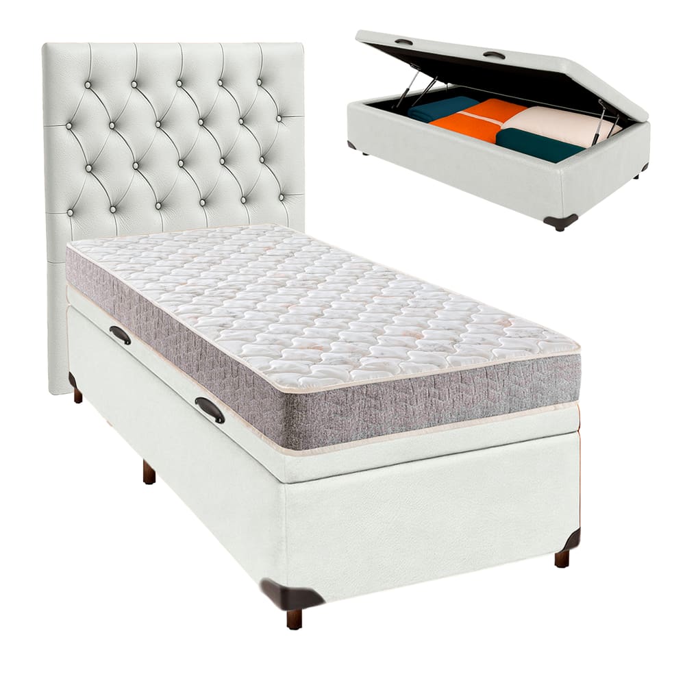 Cama Box Bau + Colchão Solteiro D33 D33 Inducol + Cabeceira Estofada