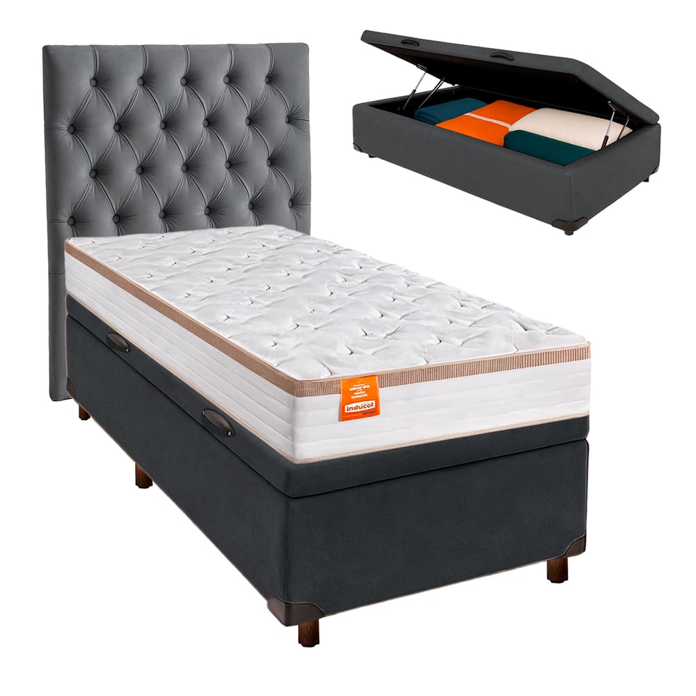 Kit Cabeceira + Cama Box Bau + Colchão Solteiro Molas Ensacadas Isis Real Inducol