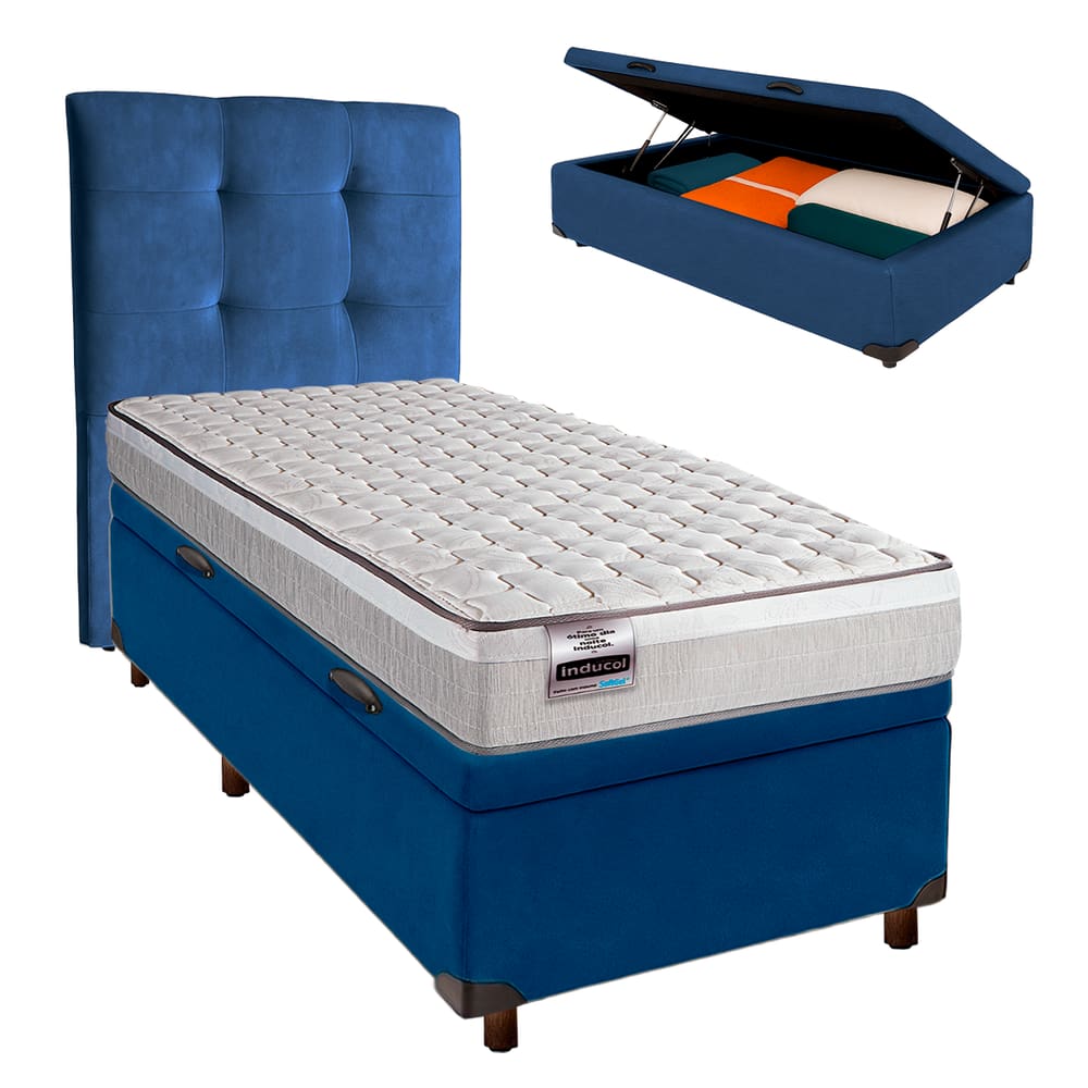 Kit Cama Box Bau + Cabeceira + Colchão Solteiro Molas Ensacadas - Hanover - Inducol