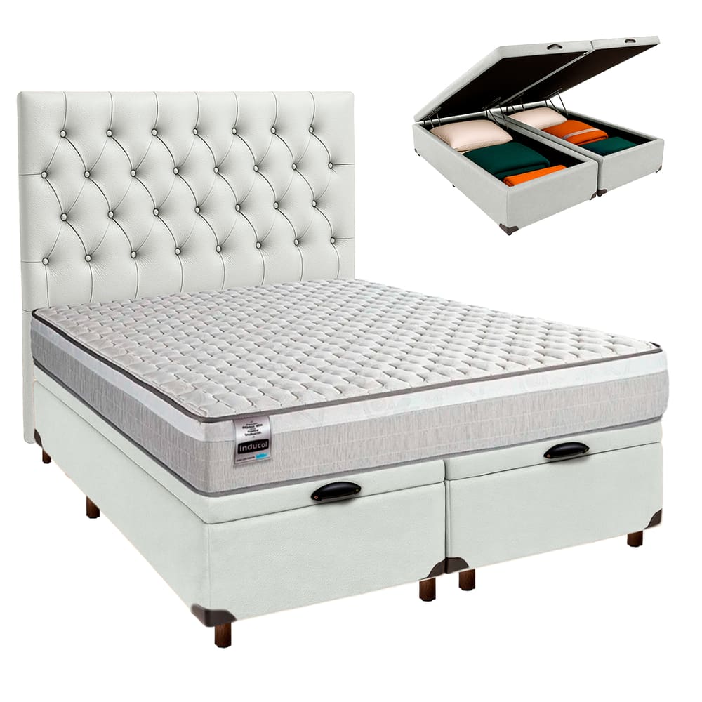 Conjunto Cama Box Bau Blindado King + Colchão Molas Ensacadas Hanover Inducol + Cabeceira