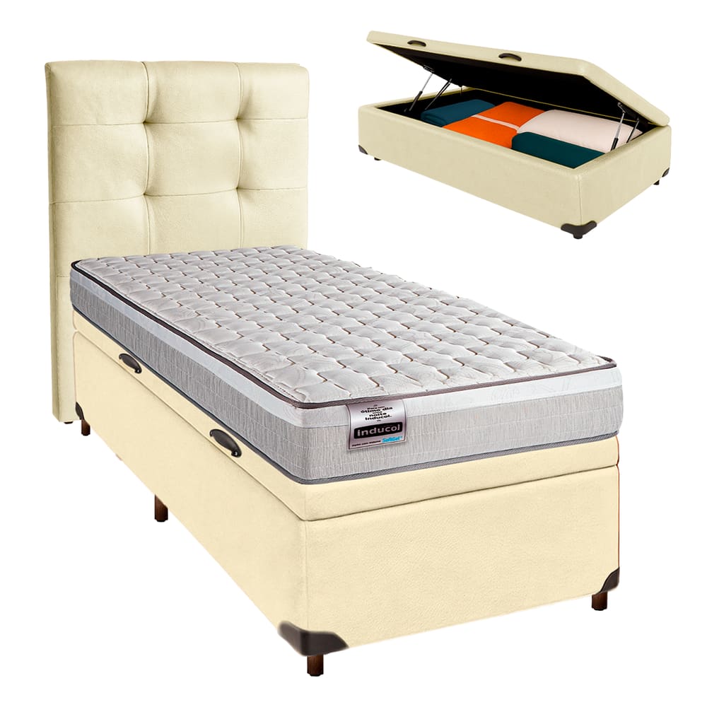 Cama + Bau Blindado e Colchão Molas Ensacadas Solteiro - Hanover Inducol + Cabeceira