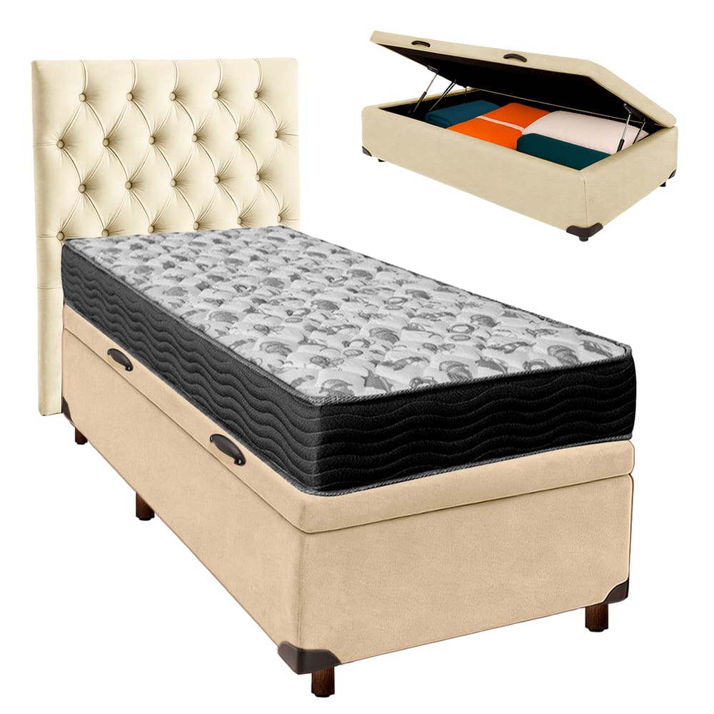 Cama Box Bau + Colchão Solteiro Ortobom D33 Iso100 + Cabeceira Estofada