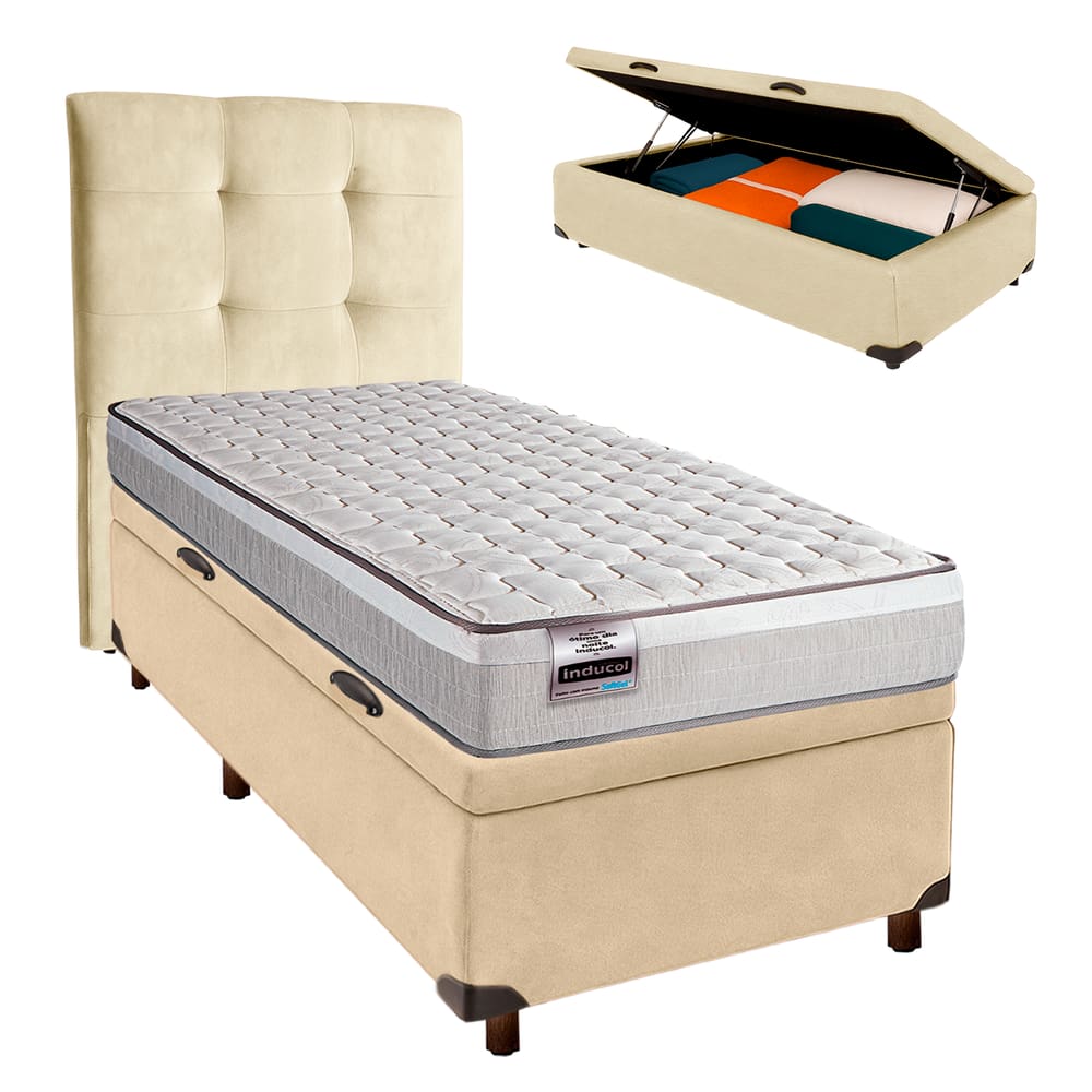 Kit Cama Box Bau + Cabeceira + Colchão Solteiro Molas Ensacadas - Hanover - Inducol