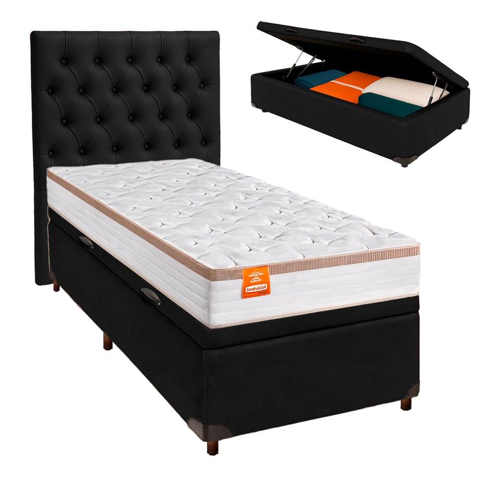 Conjunto Cama Box Bau Blindado Solteiro + Colchão Molas Ensacadas Isis Real Inducol + Cabeceira