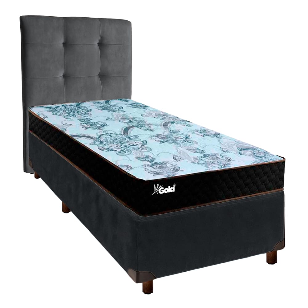 Cama + Box Cinza e Colchão Molas Ensacadas Solteiro - Life Gold Paropas + Cabeceira