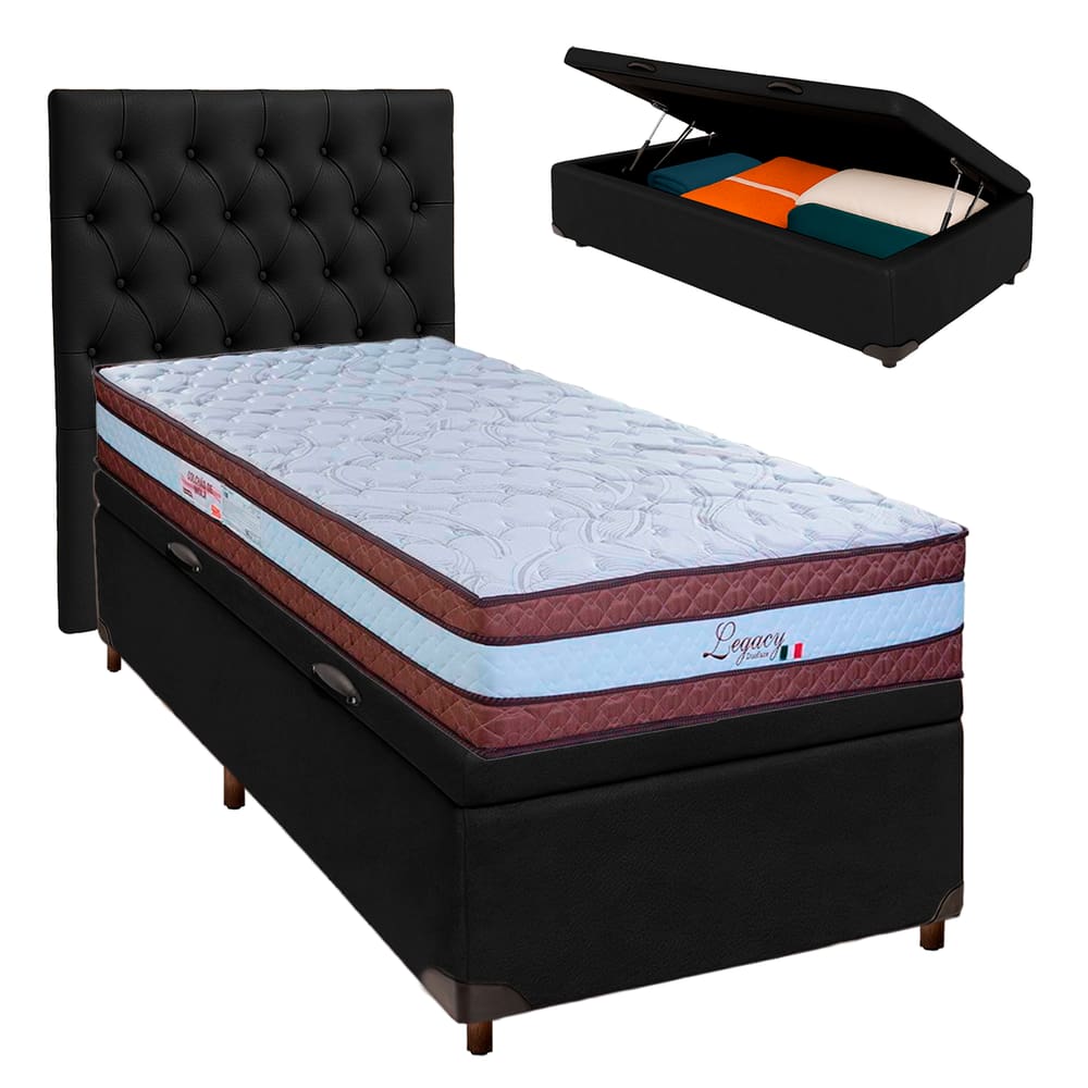 Conjunto Cama Box Bau Blindado Solteiro + Colchão Molas Ensacadas Legaccy Paropas + Cabeceira