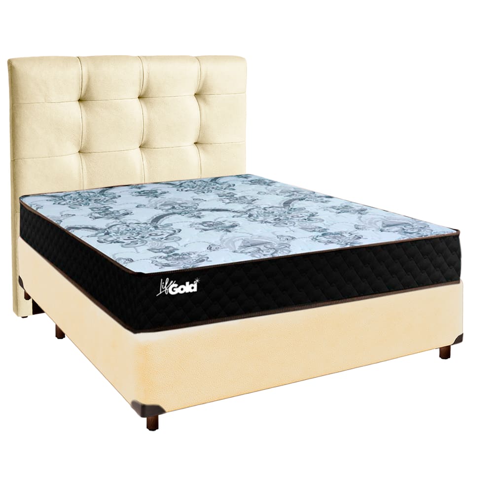 Cama Box + Colchão Casal Molas Ensacadas Life Gold Paropas + Cabeceira Estofada