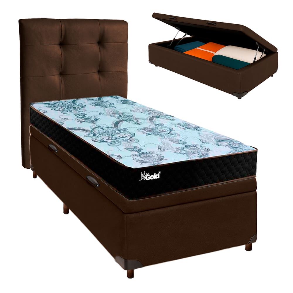 Kit Cama Box Bau + Cabeceira + Colchão Solteiro Molas Ensacadas - Life Gold - Paropas