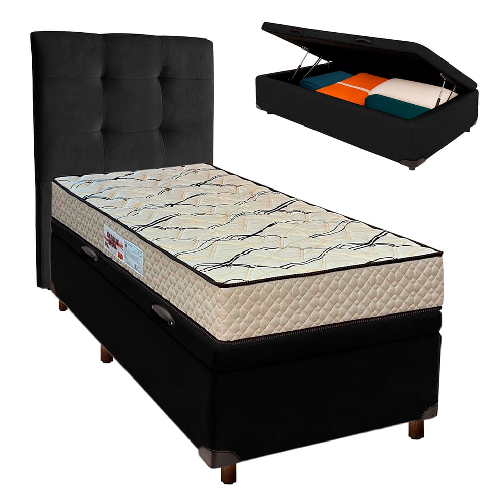 Cama Box Bau + Colchão Solteiro D33 Maxsono Paropas + Cabeceira Estofada