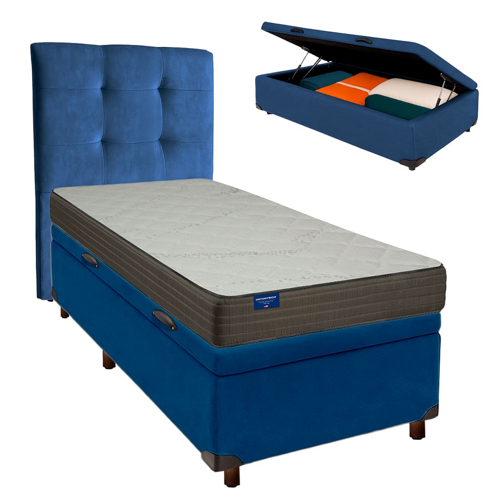 Conjunto Cama Box Bau Azul Solteiro + Colchão D33 Orthotech Inducol + Cabeceira