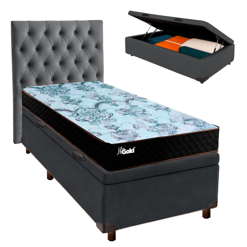 Cama Box Bau + Colchão Solteiro Molas Ensacadas Life Gold Paropas + Cabeceira Estofada