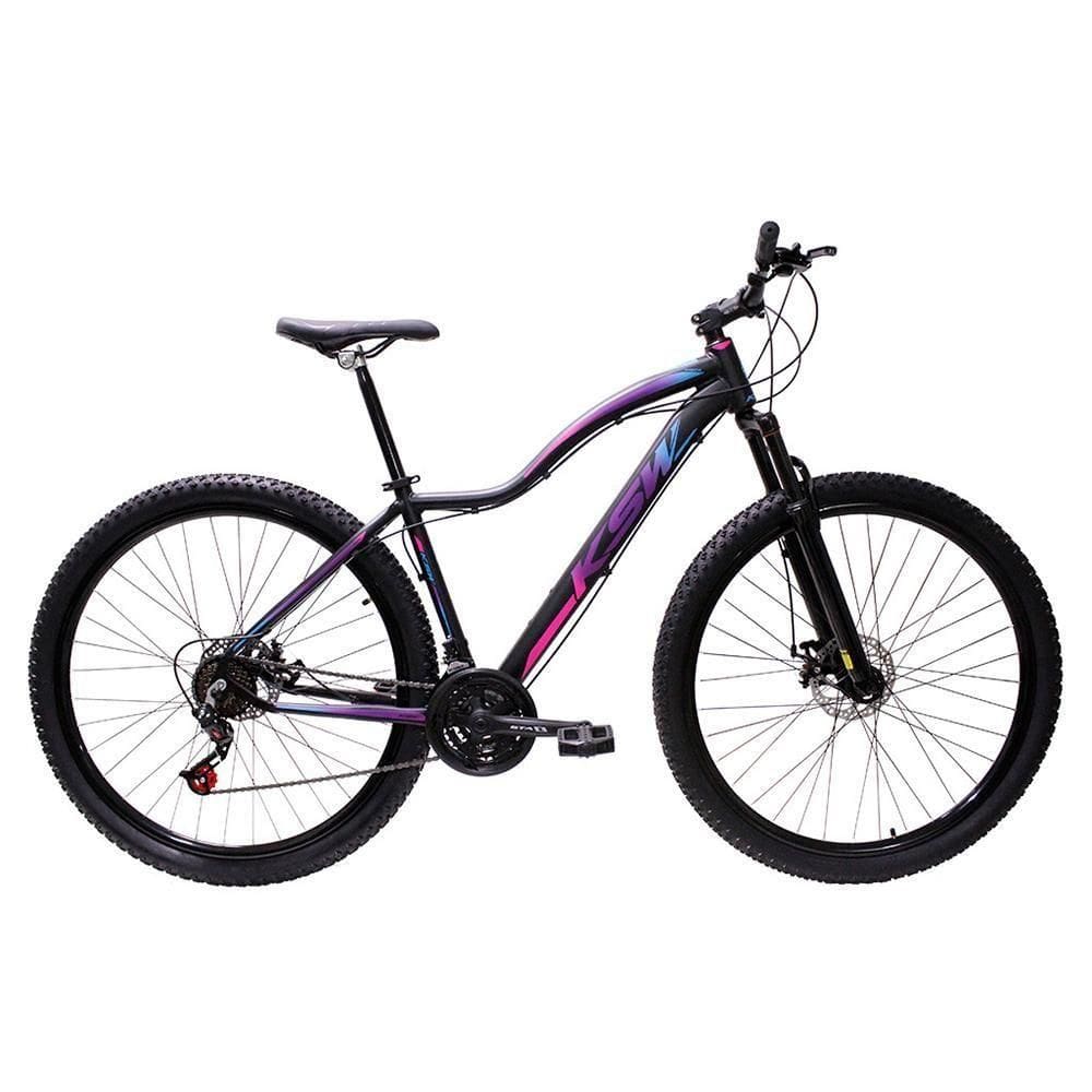 Bicicleta Ksw Aro 29 Feminina Alumínio 21 Marchas Freio A Disco Preto Fos Pink Azul 19