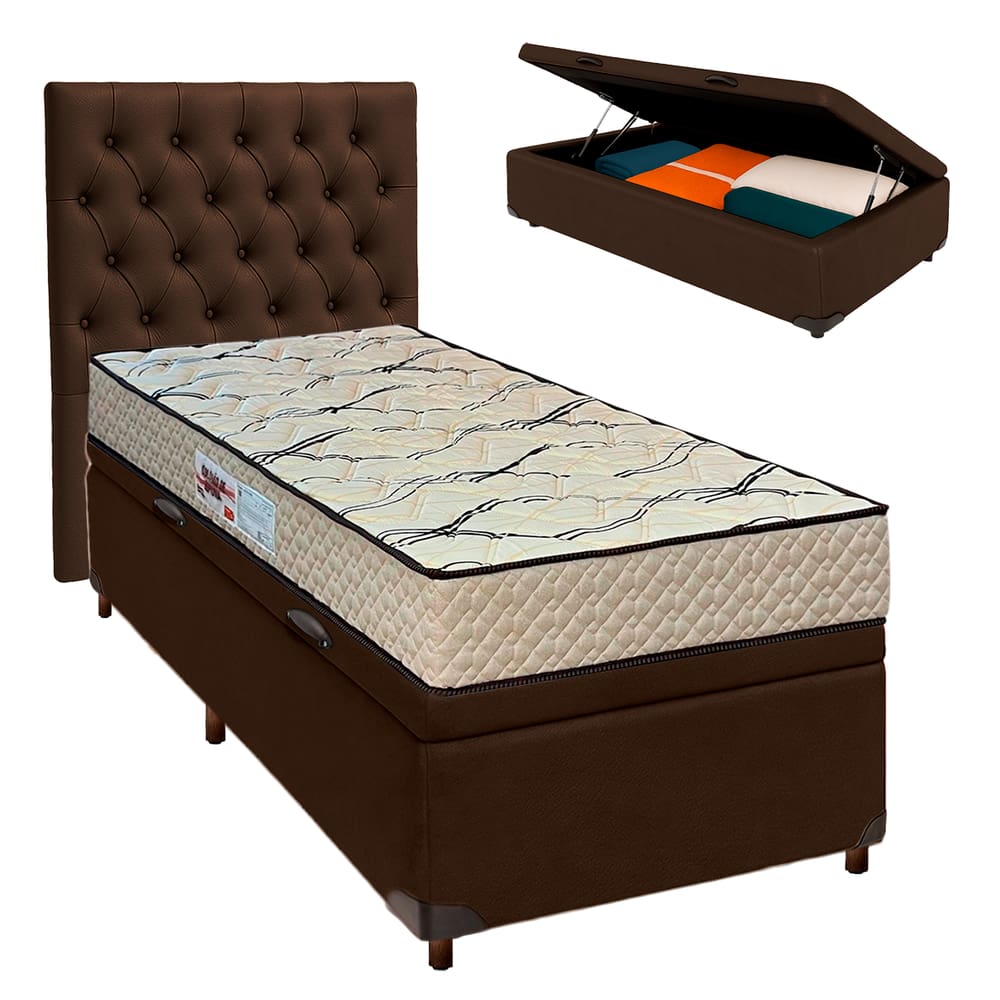 Cama + Bau Marrom e Colchão D33 Solteiro - Maxsono Paropas + Cabeceira